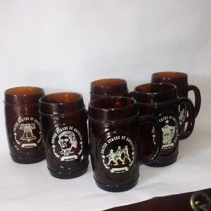 Bicentennial 6 Set Americana Mugs Wood Look With 6 Different Historical Scenes